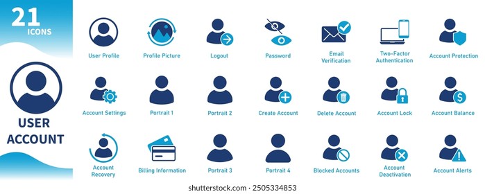 Icono de Cuenta de usuario. Conjunto de iconos vectoriales sólidos perfil de usuario, Configuraciones de Cuenta, redes sociales, iconos de retrato, personas.