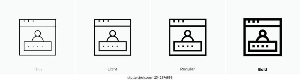 user account icon. Thin, Light Regular And Bold style design isolated on white background