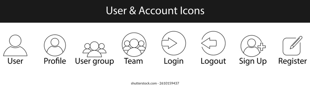 User and Account Icons Set for Web and App UI Login Logout Sign Up Profile Register.