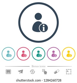User account information flat color icons in round outlines. 6 bonus icons included.