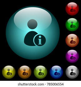 User account information icons in color illuminated spherical glass buttons on black background. Can be used to black or dark templates