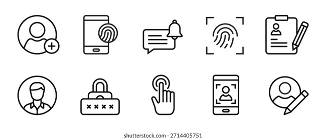 Benutzerkontenzeile - bearbeitbarer Symbolsatz. Enthaltend Profil, Login, Avatar, Verbinden, Passwort, Benutzername, Freund hinzufügen und mehr. Bearbeitbarer Strich. Vektorgrafik