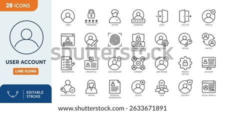 User account line editable icon set. Containing profile, login, avatar, connect, password, username, add friend and more. Editable stroke. Vector illustration