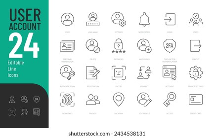 User Account Line Editable Icons set. Vector illustration in modern thin line style of personal profile related icons: password, access, avatar, user name, and more. Pictograms and infographics.