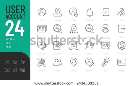 User Account Line Editable Icons set. Vector illustration in modern thin line style of personal profile related icons: password, access, avatar, user name, and more. Pictograms and infographics.