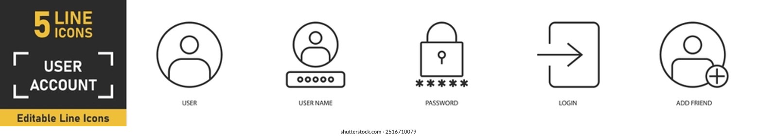 Conjunto de iconos de línea de Cuenta de usuario. Conjunto de 5 iconos de esquema relacionados con el usuario, Nombre de usuario, Contraseña, Inicio de sesión, añadir amigo y más. Ilustración vectorial.
