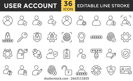 Symbolsatz für Benutzerkontenzeile. Pixel Perfect and Outline Editable Stroke Icons Sammlung für Profil, Anmeldung, Avatar, Passwort, Freund entfernen, Benutzername, Verbinden, Freund hinzufügen und Account-Zugriff