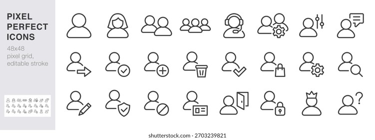 User account line icon set. Profile, login, admin, settings, security minimal vector illustrations. Simple outline signs for web interface. 48x48 Pixel Perfect. Editable Stroke.