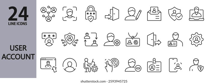 User Account line icons set with Login, Settings, Security , Profile, Sign In, Authentication, Password and more. Editable Stroke