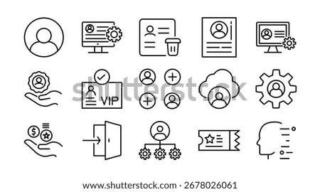 User account linear icon set. Profile, login, registration, settings, identity, security, avatar, access, personal data, user interface, vector outline icon set. UI thin line icon pack