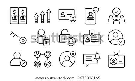User account linear icon set. Profile, login, registration, settings, identity, security, avatar, access, personal data, user interface, vector outline icon set. UI thin line icon pack