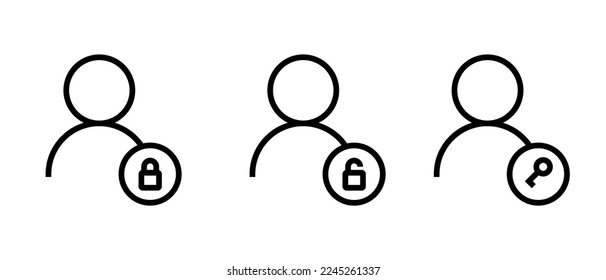 User account lock icon. User login with key symbol. Locked and unlocked account logo
