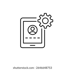 User account login with password input, tablet and cogwheel. Interactive settings, user interface customization, on-demand configuration, clickable system controls, real-time preferences adjustment. P
