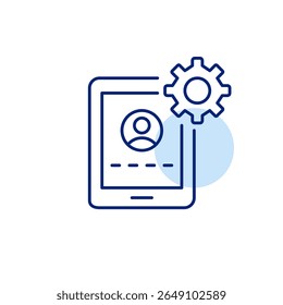 User account login with password input, tablet and cogwheel. Interactive settings, user interface customization, on-demand configuration, clickable system controls, real-time preferences adjustment. P