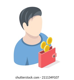 User account man coins purse. Vector 3d line isometric, color web icons, new flat style. Creative design idea for infographics.