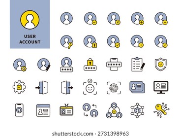 Conjunto de iconos de autenticación y administración de Cuenta de usuario para el diseño de la interfaz de usuario