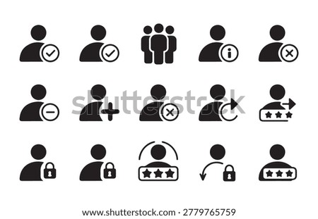 User account management vector icons. Profile status indicators with checkmark. Add delete lock user symbols.