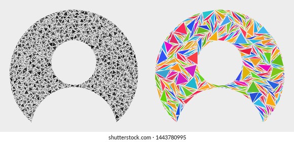 User account mosaic icon of triangle elements which have variable sizes and shapes and colors. Geometric abstract vector design concept of user account.