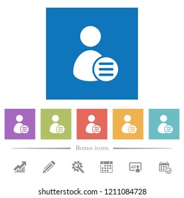 User account options flat white icons in square backgrounds. 6 bonus icons included.