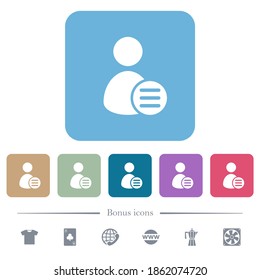 Opciones de cuenta de usuario iconos planos blancos en fondo cuadrado redondeado de color. 6 iconos de bonificación incluidos