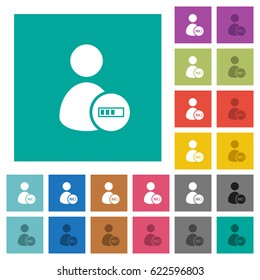 User account processing multi colored flat icons on plain square backgrounds. Included white and darker icon variations for hover or active effects.