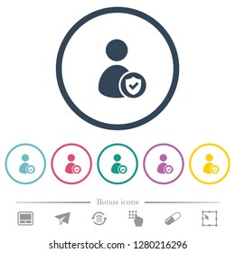 User account protected flat color icons in round outlines. 6 bonus icons included.