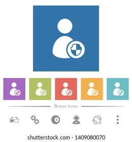 User account protection flat white icons in square backgrounds. 6 bonus icons included.