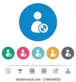 Protección de cuentas de usuario iconos blancos planos en fondos de color redondo. 6 iconos de bonificación incluidos.