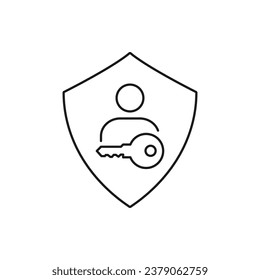 User account protection. Man with key and shield icon line style isolated on white background. Vector illustration