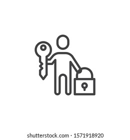 User account security line icon. Man with lock and key linear style sign for mobile concept and web design. User profile protection outline vector icon. Symbol, logo illustration. Vector graphics