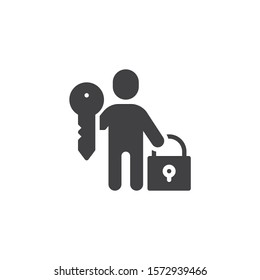 User account security vector icon. Man with lock and key filled flat sign for mobile concept and web design. User profile protection glyph icon. Symbol, logo illustration. Vector graphics