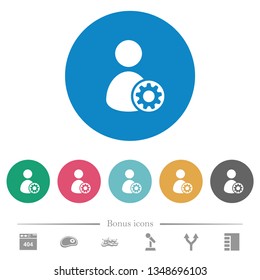 User account settings flat white icons on round color backgrounds. 6 bonus icons included.