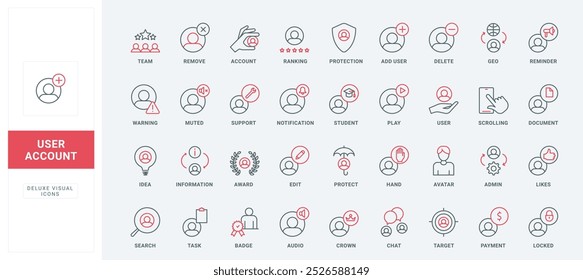 Cuenta del usuario, conjunto de iconos de línea de Configuraciones de perfil de redes sociales. Avatar redondo del Cliente con las notificaciones de la campana y de la marca de verificación, cerradura y persona apagada delgada Ilustración vectorial negra y roja de los símbolos del contorno