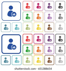 User account statistics color flat icons in rounded square frames. Thin and thick versions included.