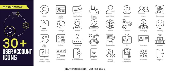 User Account Stroke icon collections. Containing profile, password, login, username, avatar, connect, add friend and more icons. Editable Stroke icon collection Outline icon