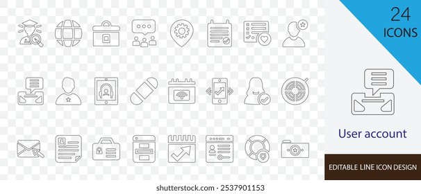 User account thin line icon set. containing restore, sync, cloud, data, activity, history, preferences, notifications and more stroke design