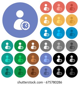 User account time multi colored flat icons on round backgrounds. Included white, light and dark icon variations for hover and active status effects, and bonus shades on black backgounds.