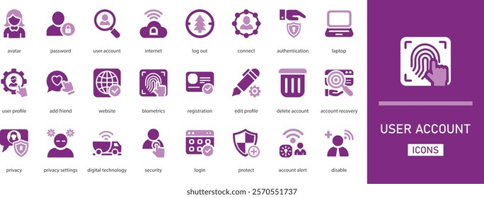 User account vector icon set. with biometrics, add friend, privacy settings, delete account, edit profile, registration and more solid collection 