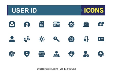 User Account vector solid icon set. Containing re, profile, authentication, settings, username, communication, pass, person. Flat UI icon design. Editable vector illustration.