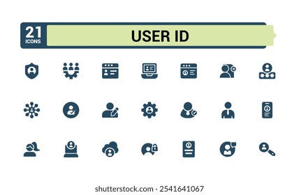 User Account vector solid icon set. Containing re, profile, authentication, settings, username, communication, pass, person. Flat UI icon design. Editable vector illustration.