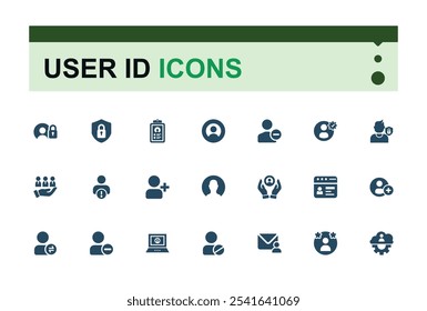 User Account vector solid icon set. Containing re, profile, authentication, settings, username, communication, pass, person. Flat UI icon design. Editable vector illustration.