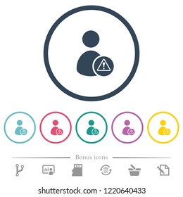 User account warning flat color icons in round outlines. 6 bonus icons included.