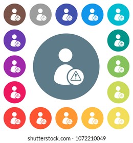 User account warning flat white icons on round color backgrounds. 17 background color variations are included.