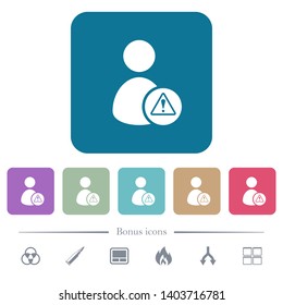 User account warning white flat icons on color rounded square backgrounds. 6 bonus icons included