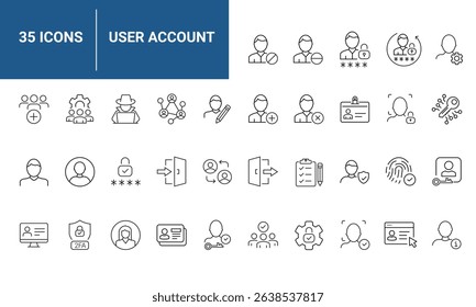 User Account Web Icon Set in Line Style. Collection of User profile Linear Icons, Including Profile, avatar, login, password, username, add friend, access, connect and more. Editable Stroke