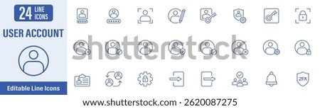 User Account web icons in line style. Contains icons as user account, avatar, add friend, user name, add profile, connect, password and more. Vector illustration.