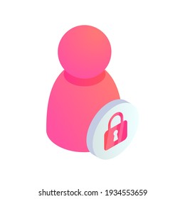 User account web profile protection isometric icon. 3D Personal private user sign. Vector blocked internet account symbol, protected data online service technology sign.
