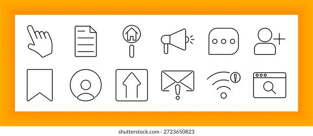 Icono de acciones y notificaciones del usuario. Mano del Hacer clic, documento, pin de inicio, altavoz, burbuja de chat, usuario más, marcador, avatar, alerta de correo electrónico, advertencia de wifi y navegador de búsqueda dibujado.