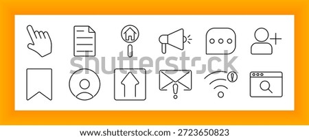 User actions and notifications set icon. Click hand, document, home pin, loudspeaker, chat bubble, user plus, bookmark, avatar, email alert, wifi warning, and search browser drawn.