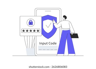 User activating two-factor authentication on smartphone with verification code input. Flat Cartoon Vector Illustration, icon. Stylish abstract design landing page